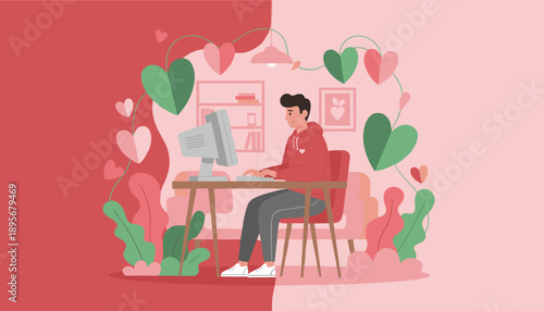 Young man working on computer at home desk surrounded by love hearts Remote work dating concept