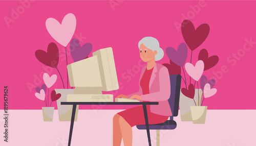 Senior woman working on a vintage desktop computer surrounded by heartshaped plants in a pink office