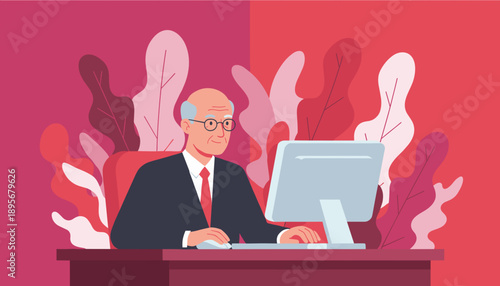 Smiling senior executive working on computer at desk with abstract pink and red background