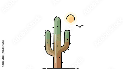 A cartoon cactus stands tall under a bright sun with birds flying nearby in a simple illustration