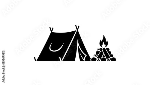 Camping scene with tent, campfire, and logs in a serene outdoor environment viewed from the front