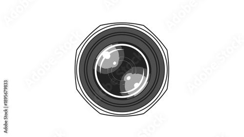 A camera lens viewed from the front, showcasing its intricate details and multiple layers