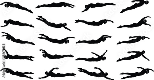 Collection of dynamic swimmer silhouettes showing freestyle and diving positions, minimal black figures illustrating swimming motion, sport technique, and aquatic training concepts