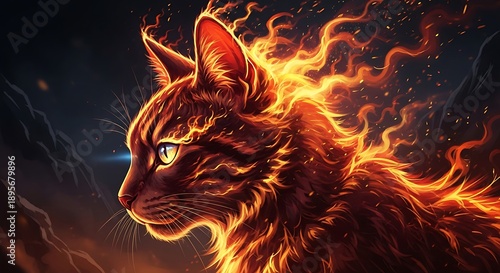 Main Subject: A profile view of a mystical domestic cat composed of or wreathed in living fire.