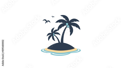 Tropical island getaway with palm trees and seagulls flying overhead in a serene ocean setting from an aerial viewpoint