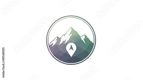 Mountain peak navigation icon with a stylized map pin in a circular frame