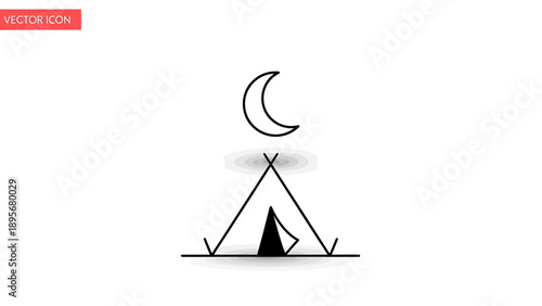 Simple line drawing of a tent under a crescent moon at night, a serene camping scene illustration