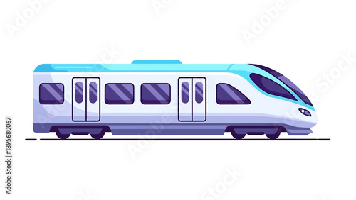 Modern train traveling on railway track in urban cityscape, viewed from the side with clear illustration details