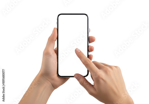 Hand holding smartphone blank screen on transparent background

