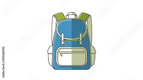 A blue and green backpack with multiple pockets and straps, depicted from a front view, showcasing its various compartments and design elements.
