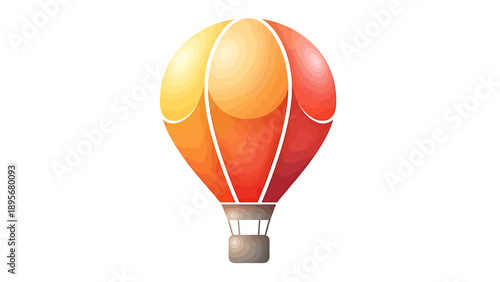 A vibrant hot air balloon floats gently through the sky, its colorful envelope glowing in shades of orange and red, as it soars above the landscape.