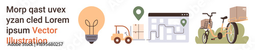 Logistics, delivery services, transportation, e-commerce, innovation, eco-friendly technology. Includes a light bulb, forklift map electric bike and package. Logistics and delivery services