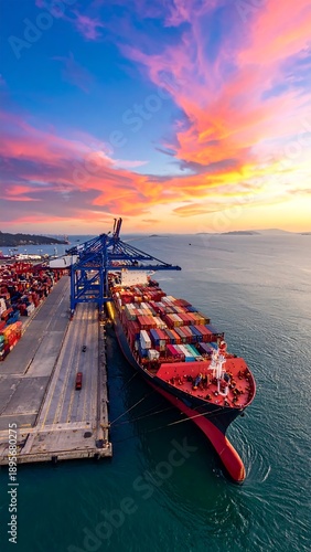 Container ship docks at a port beneath a vibrant sunset sky, reflecting on ocean water
