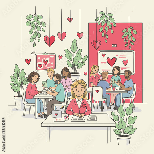 Illustrated modern coworking space or cafe bustling with people and hearts symbolizing teamwork and connection