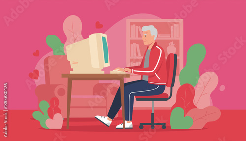 Happy senior man using a vintage desktop computer for communication or dating in a stylish pink interior