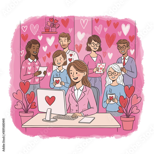 Joyful office team celebrating Valentines Day with hearts and goodwill Workplace connection