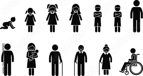 Human life stages icons set showing baby child adult senior aging process male female silhouettes including disability isolated on white background for infographic design
