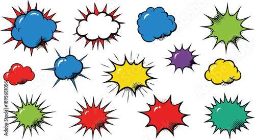 Colorful cartoon clouds and explosion elements arranged in a grid pattern on a simple background viewed from directly above.