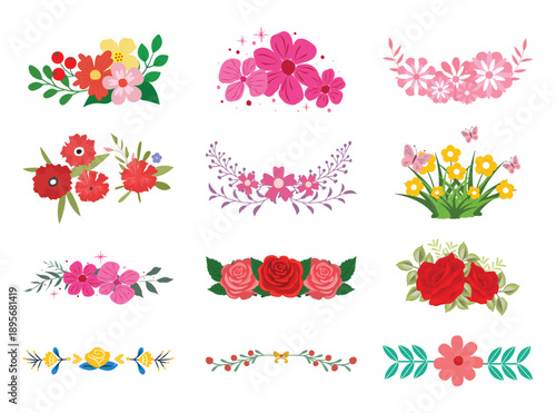 Floral text divider collection. Vector colorful spring flower borders and headers for Women's Day paragraph decoration