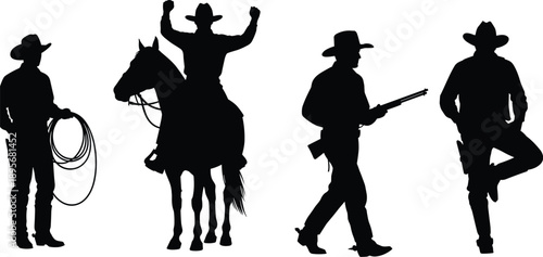 Cowboy silhouette icons, Western culture symbols, vector illustration, black design, minimal layout, rodeo and frontier graphics