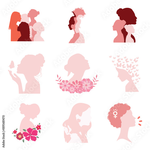 Female profile silhouette collection. Vector pink woman heads with hair and flowers for beauty salon logo or spa design