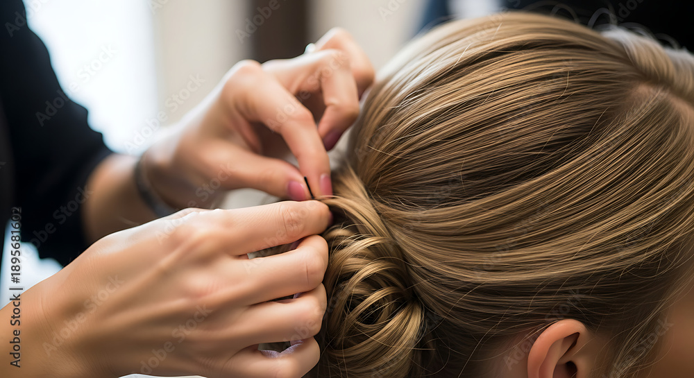 Fototapeta premium A stylist carefully styles a woman's blonde hair into an elegant updo, showcasing a serene salon atmosphere from a close-up view