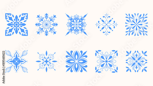 Mediterranean blue tile ceramic pattern collection. Sicilian, Portuguese, Spanish tile traditional design. Mosaic flower collection.
