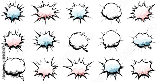 Collection of cartoon explosion and speech bubble effects arranged in a grid pattern on a clean white background from a direct viewpoint