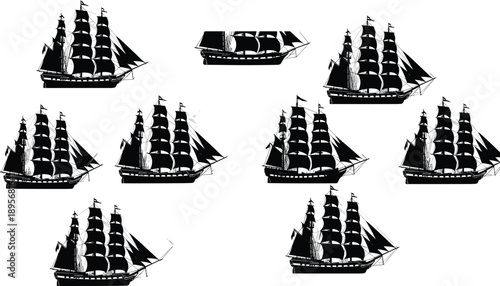 Sailing ship silhouette icons, maritime vessel symbols, vector illustration, black design, minimal layout, nautical graphics, historic ships