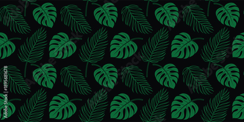 Seamless tropical leaf pattern with monstera and palm foliage on a dark background. Stylish repeating botanical design perfect for wallpaper, fabric, packaging, and branding. Modern jungle texture 