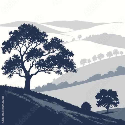 Silhouetted tree on rolling hills