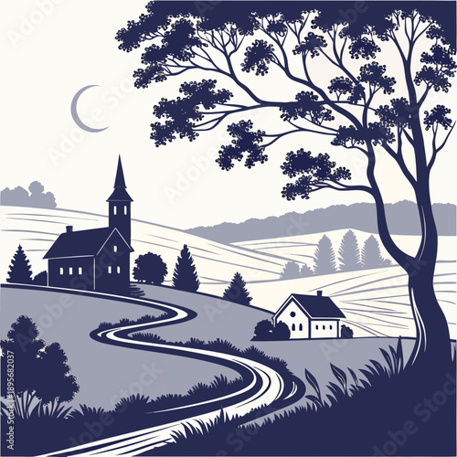 Serene countryside church at dusk