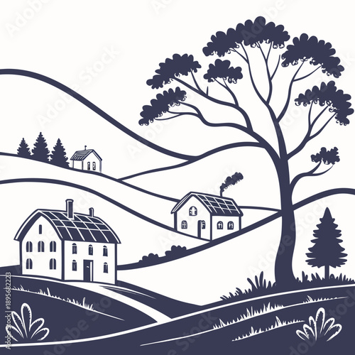Rural landscape with houses and tree