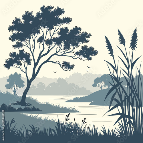 Serene lakeside landscape