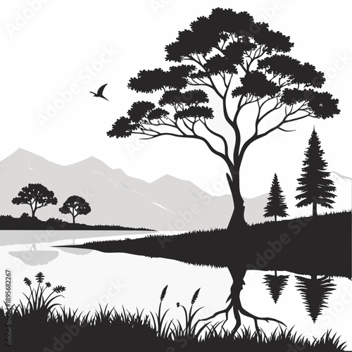 Serene lakeside silhouette