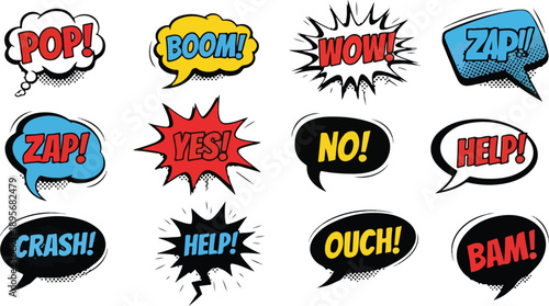Vibrant Comic Speech Bubbles Explode with Energetic Expressions and Emotive Text in a Dynamic Illustration