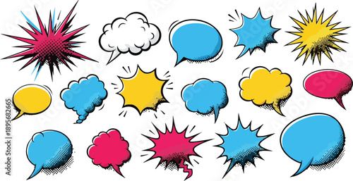 Vibrant Comic Speech Bubbles and Explosion Effects Set Against a White Background in a Digital Illustration