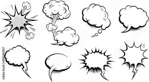 Collection of comic speech bubbles and explosion effects in black and white illustrations