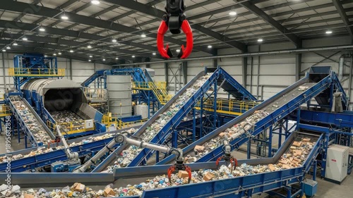 Automated Sorting Of Mixed Waste Materials By Robotic Arms On Conveyor Belts In Modern Recycling Facility Machines Industrial Background For Sustainable Environmental Projects