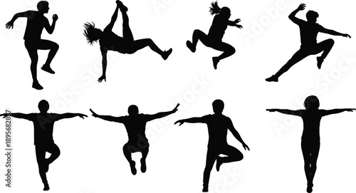 Dance silhouette poses, athletic movement, jumping energy, graceful balance, expressive motion, body control, grayscale background, performance art, dynamic form, agility