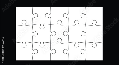 Black and white vector illustration of a blank jigsaw puzzle template with fifteen pieces in a rectangular frame for game and logic design