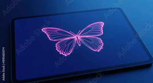 A pink butterfly illustration on a dark blue tablet screen