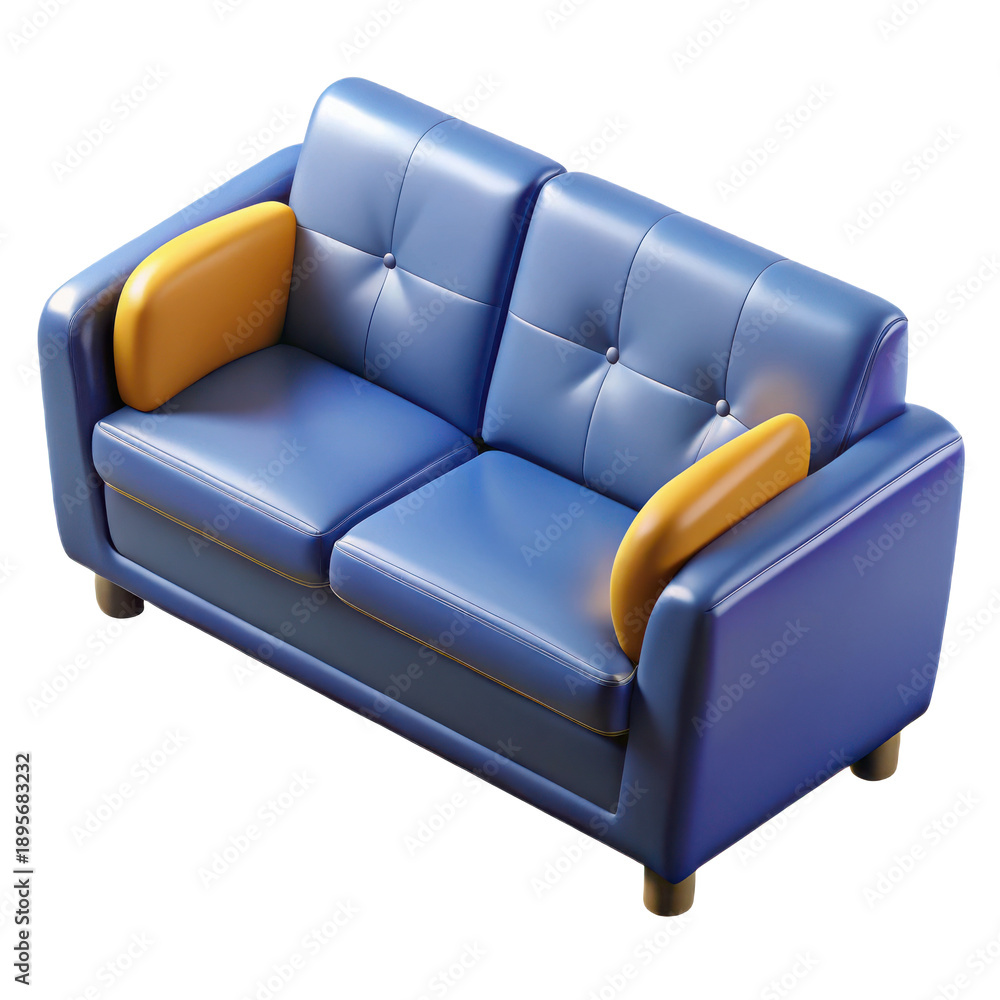 Fototapeta premium Modern blue leather sofa with wooden arms