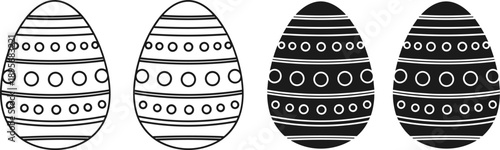 Black and white vector illustration of four decorated Easter eggs with horizontal stripes and polka dot patterns for seasonal holiday celebration and greeting card design,