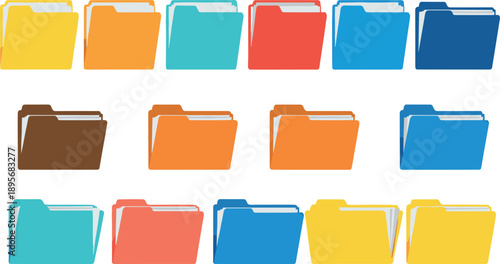 Colorful folder vector icon set in flat style for file management, documents and office organization concepts