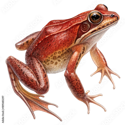 Vibrant red frog in mid-leap, showcasing dynamic movement with gradient brown tones, ideal for nature, wildlife, and educational projects.
