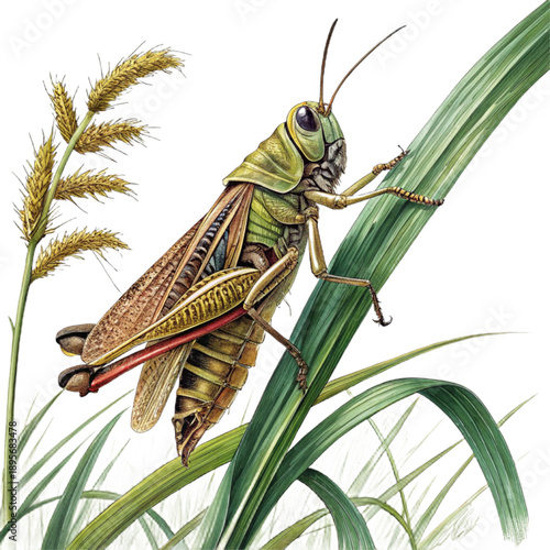 A vibrant green marsh grasshopper perched on a tall blade of grass in a serene natural setting