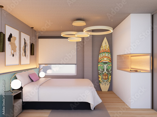 odern minimalist interior design of a Mediterranean apartment in Spain, featuring open plan living, natural light, high-end materials, and sustainable architectural details. 3D architectural visualiza