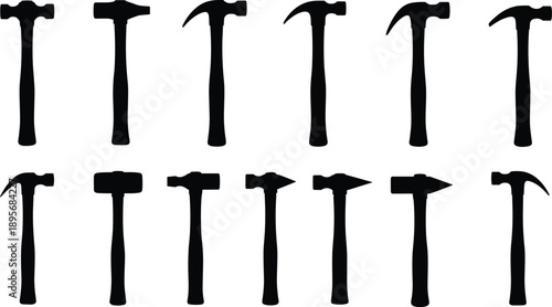 Black and white vector silhouette set of various industrial hammers including claw sledge and ball peen tools for construction carpentry and diy repair design
