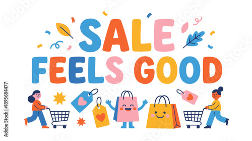 Happy Shoppers Enjoy Discounts in Colorful Setting